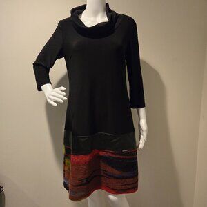 Joseph Ribkoff Cowlneck Drop Waist Leather Trim Dress Black 10